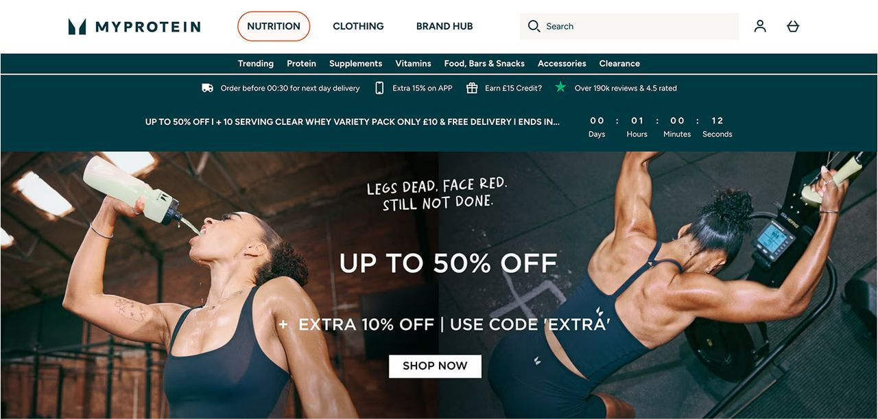 Myprotein homepage hero section screenshot.